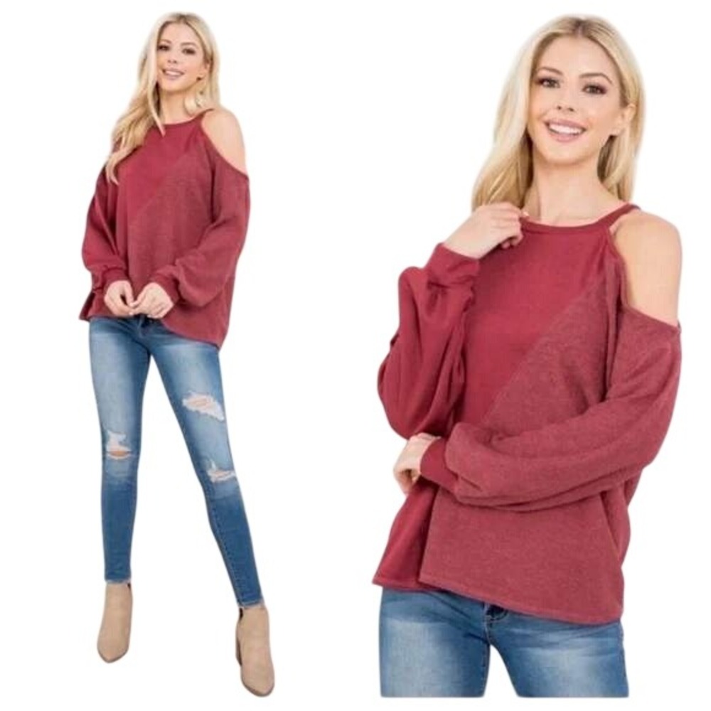 Gilli Women's Rose Pink Cold Shoulder Mixed‎ Texture Sweatshirt Size Medium